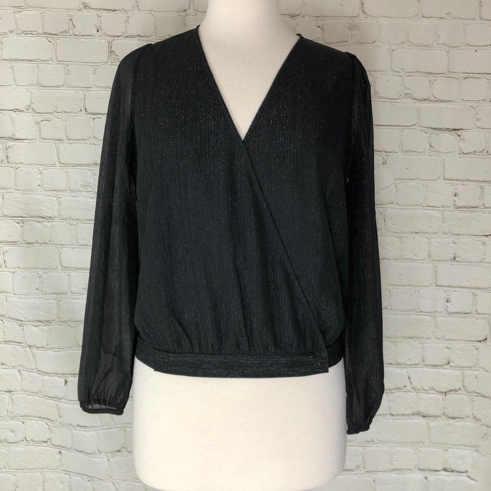 Madewell Shimmer Wrap Top Black Blouse Size Small